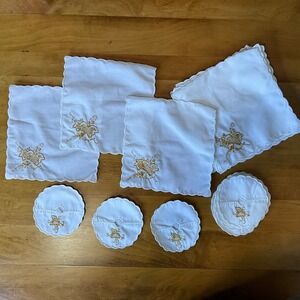 Vintage‎ White Linen Scalloped Edge Embroidered Cocktail Napkins Stem Coasters